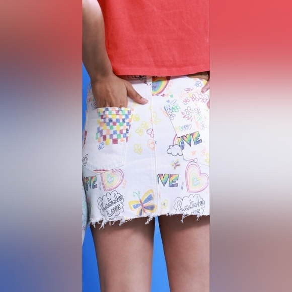 AMERICAN EAGLE Denim Mini Skirt Pride Rainbow Accents High Waist Size 10 NWT - Picture 3 of 12